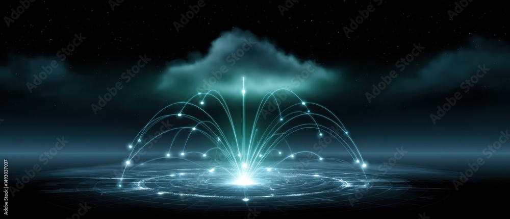 Poster a digital burst of glowing lines and points emerging from a circular platform against a dark, futuri