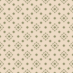 Abstract geometric ornament with folk ethnic motifs. Simple elegant seamless pattern with small floral shapes, circles, dots. Green and beige color background. Retro vintage texture. All-over design