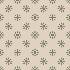 Vector geometric floral seamless pattern. Cute background with flowers, sun shapes. Retro vintage 1960s - 1970s style texture in green and beige color. Old fashioned repeated design for decor, package