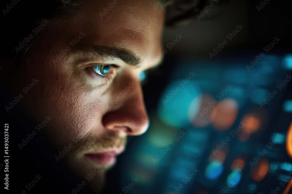 Poster Man Focused on Screen in Dark Room, Representing Cybersecurity and Technology Innovation, With Intense Concentration and Digital Transformation : Generative AI