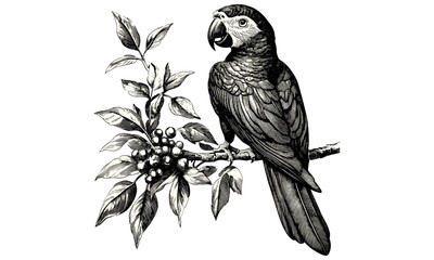 Vintage Engraving Style Parrot, Hand-drawn Animal Design, Black Sketch Effect, Rustic Bird Art, Tropical Wildlife Print, Colorful Nature Decor, Old Style Illustration, Trendy Nature Wall Art