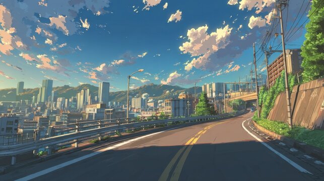 A stunning image of asphalt road and a modern city depicted in anime style.