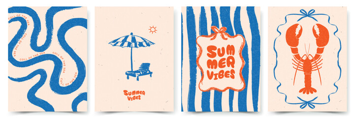 Set of Abstract summer Mediterranean posters, cards templates with lobster, beach chair with umbrella, and typography design. Modern trendy design for branding, ads, print, decor
