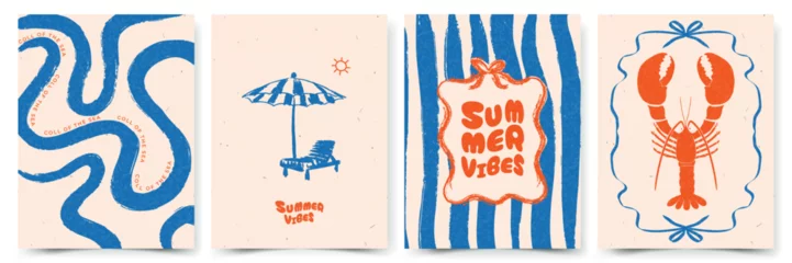 Fotobehang Vintage Poster Set of Abstract summer Mediterranean posters, cards templates with lobster, beach chair with umbrella, and typography design. Modern trendy design for branding, ads, print, decor  © Svitla