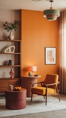 Fototapeta premium Mid century modern living room interior design orange decor