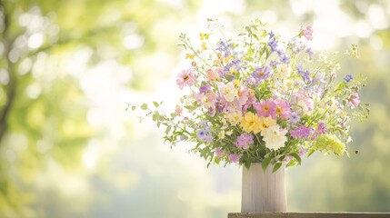 Fototapeta premium Elegant floral arrangement vibrant bouquet in vase on rustic wooden table