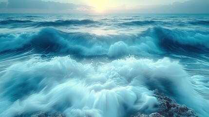 Majestic seascape with powerful turquoise ocean waves crashing on a rocky shore during a beautiful sunrise, capturing dynamic motion.