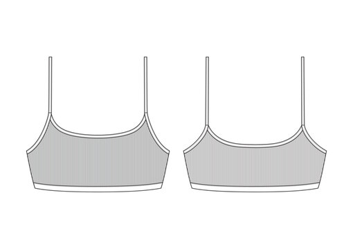 Vector fashion technical drawing of a ribbed bra top with front and back view. Spaghetti straps. Binding on the neck area. Elastic on the opening area. Knit fabric.