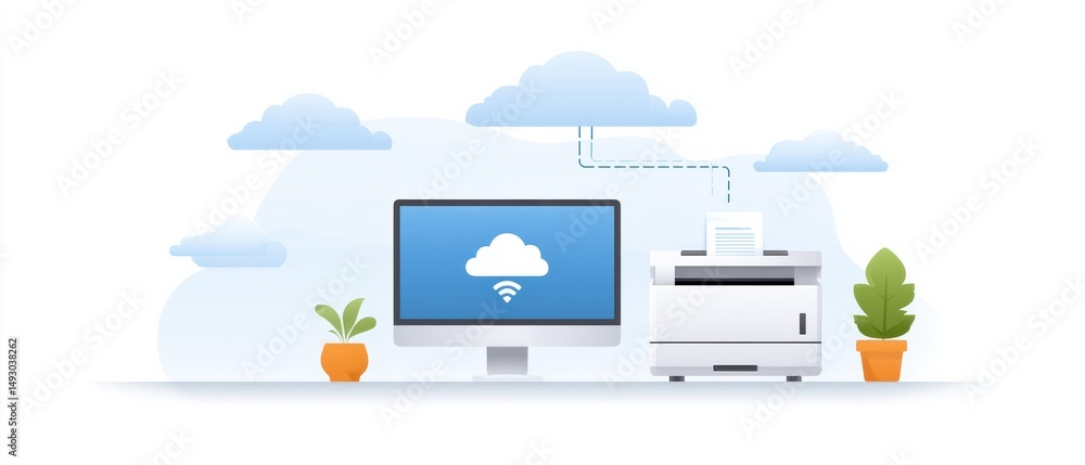 Poster a computer and printer connected via cloud technology, with plants and clouds in the background.