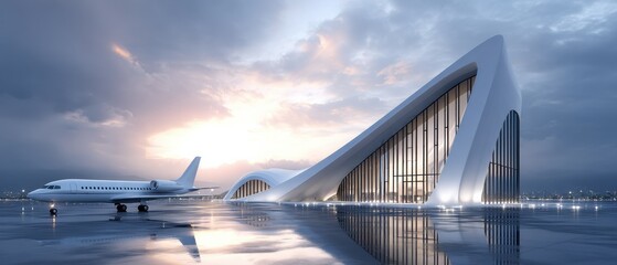 Futuristic airport terminal with modern architecture and a parked airplane at sunrise.