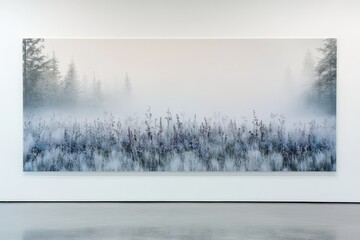 Misty forest scene with wildflowers in the foreground, tranquil and serene atmosphere.