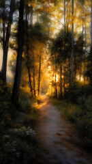Fototapeta premium a dreamy forest path illuminated by golden sunset, warm tones, oil painting texture, soft painterly style