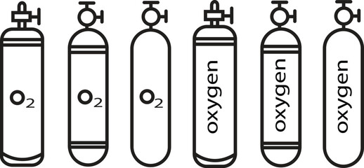 O2 gas cylinder icon set vector symbol. compressed oxygen tank icons. scuba diver gas line. Breathing and Industrial Equipment Symbol