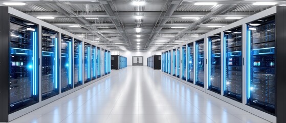 A modern data center with rows of illuminated server racks in a clean, high-tech environment.