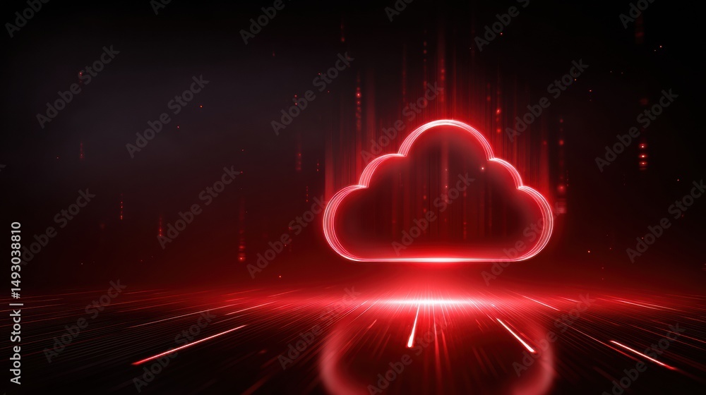 Poster a glowing red cloud icon floats in a digital space, symbolizing cloud technology and data transfer.