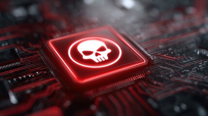 A glowing red computer key with a skull icon symbolizes a cyber threat on a circuit board.