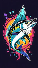 illustration of tuna fish with mystical energy. Designed in a psychedelic cartoon sticker style with thick black lines,