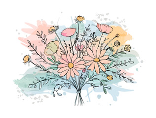 Floral watercolor arrangement:A delightful watercolor bouquet of wildflowers, showcasing an array of colors and delicate details. This botanical artwork brings a touch of nature's charm.