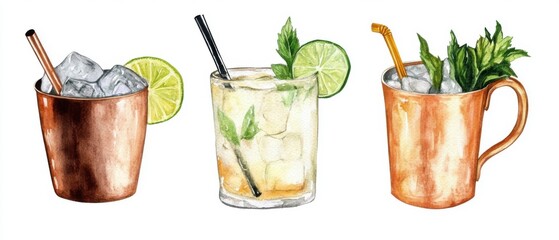 Watercolor Illustration of Three Refreshing Cocktails with Lime and Mint on White Background; Moscow Mule, Mojito, and Mint Julep
