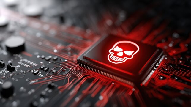 A microchip with a glowing red skull symbolizing a cybersecurity threat or computer virus on a circuit board. - Powered by Adobe