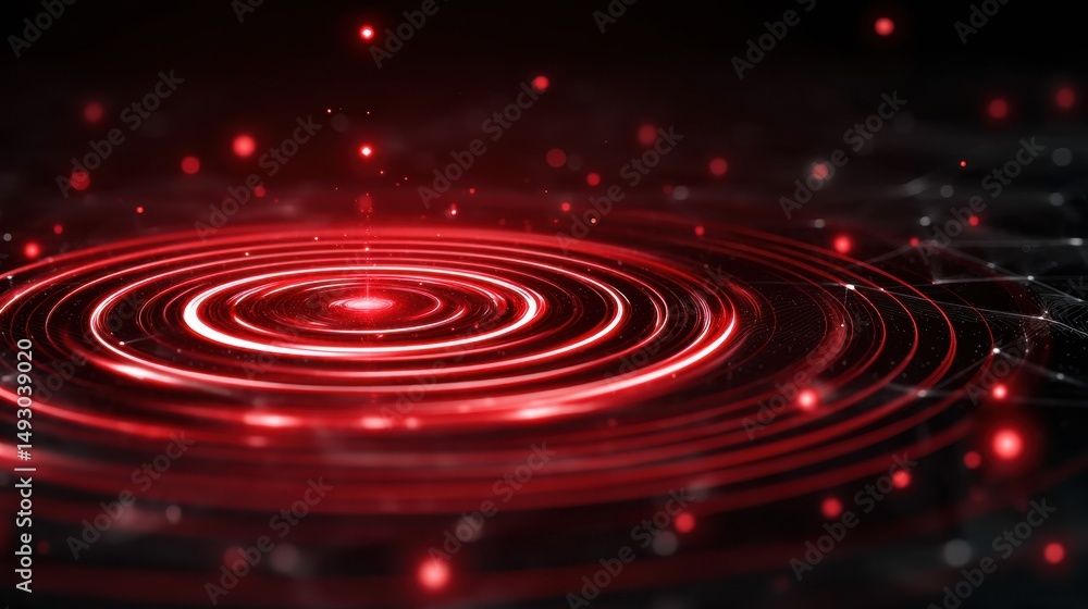 Poster a glowing red ripple effect with digital particles and concentric circles on a dark, futuristic back
