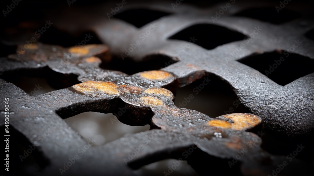 Poster close-up of rusted metal grate with intricate openwork pattern. shows texture and decay