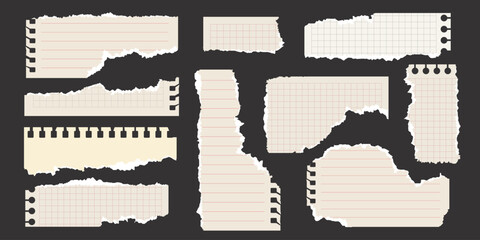 Set of old torn notebook paper pieces. Ripped paper strips. Realistic notepad sheets, scraps of notebook page, with torn edges. Vector design template in aged style.