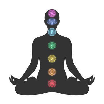 Lotus pose person and chakra symbols energy balance within the body vector illustration for wellness projects yoga studios meditation guides holistic practices posters infographics
