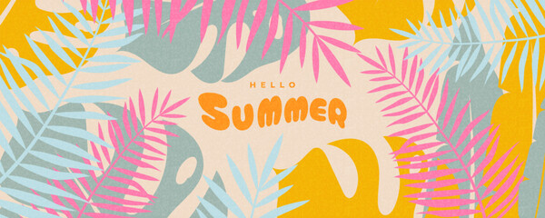 Summer horizontal abstract background with tropical leaves. Modern art design template for celebration, ads, branding, banner, cover, label, poster, sale. Vector creative concept