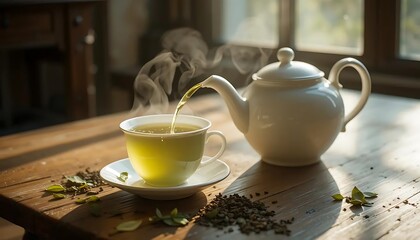 Fototapeta premium Tea pouring into cup from teapot