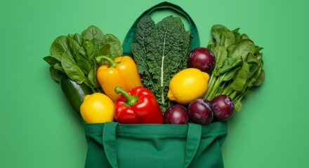 Colorful produce in a green reusable shopping bag