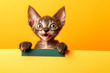 Pet on street sign. Isolated young cat on a solid outfit bright orange background. Cat-themed mockup. Animal looking cute. &ETH;&iexcl;ute cat lykoi hold in front paws a wireframe - large green alley sign.