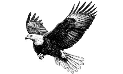 Hand-Etched Bald Eagle, Vintage Wildlife Illustration, Rustic Bird Drawing, Detailed Animal Sketch, Black Line Engraving Style, Sky Print, Nature Wall Art, Antique Style Decor