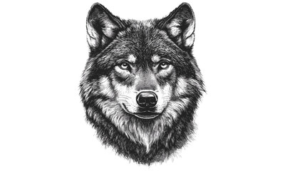 Fototapeta premium Hand-drawn Wolf Head, Vintage Engraving Style, Black Sketch Effect, Rustic Wilderness Art, Detailed Wildlife Illustration, Nature Decor, Animal Drawing Print, retro forest animal design