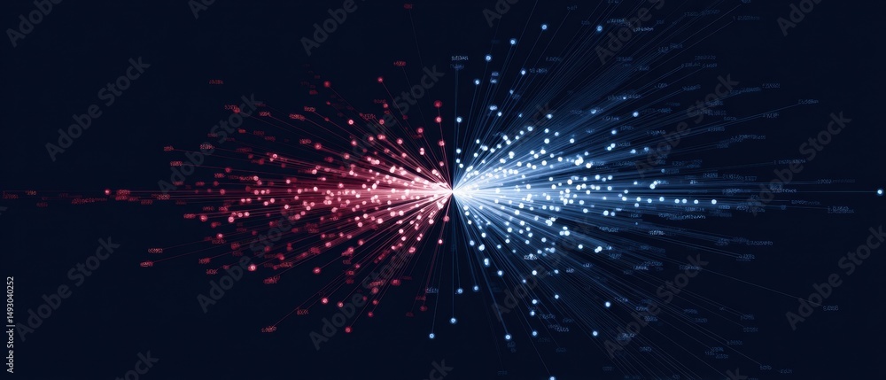 Poster abstract visualization of red and blue data points radiating from the center on a dark background.
