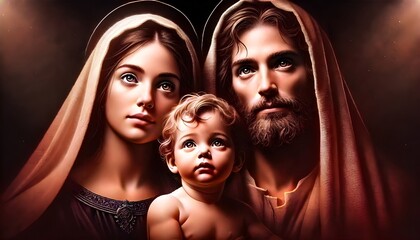 Closeup Portrait of Baby Jesus with Mother Mary and Father Joseph