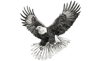 Obraz premium Vintage Bald Eagle in Flight, Hand-Etched Bird Drawing, Rustic Nature Design, Detailed Animal Illustration, Black Sketch Effect, Old Engraving Style, Wildlife Print, Forest Art