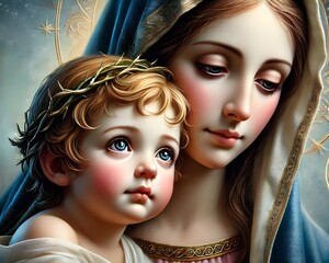 Closeup View of Baby Jesus with Mother Mary A Portrait of Divine Love
