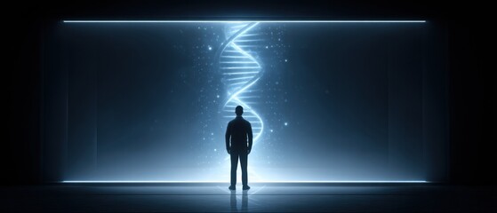 A person stands before a glowing, digital DNA helix, evoking themes of science, technology, and human connection to genetics.