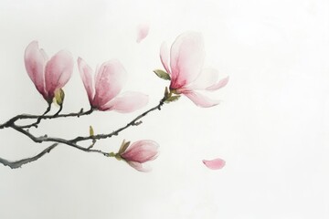 Obraz premium Watercolor Painting of Pink Magnolia Flowers on Branch with Falling Petals Delicate Floral Art on White Background