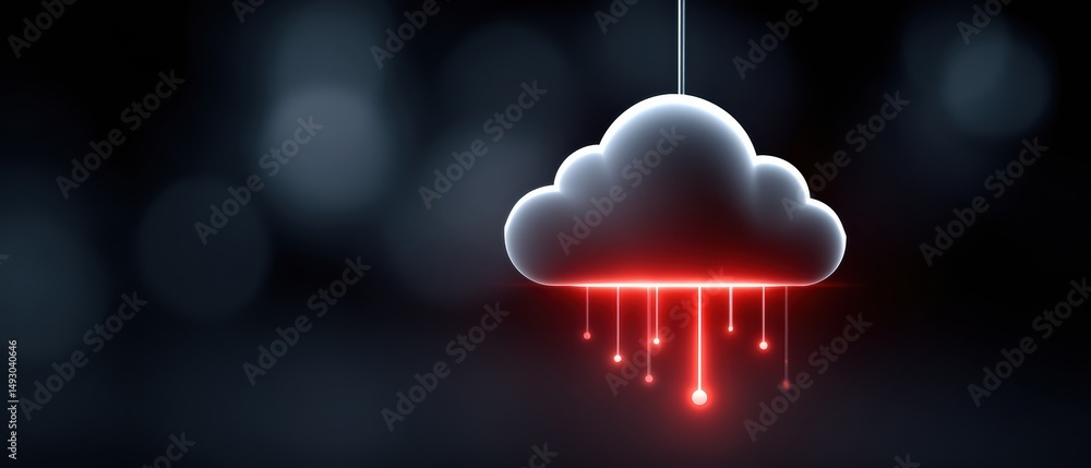 Poster a glowing cloud icon with red digital connections on a dark background, representing cloud computing