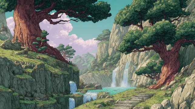 A stunning image of stunning image of fantasy landscape featuring majestic trees, rocky cliffs, and waterfalls, in Japanese anime cel-shading style.