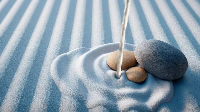Serene Sand Garden: A tranquil Zen garden scene with smooth, layered sand, a flowing stream, and smooth stones creating a visual harmony of relaxation and peace.