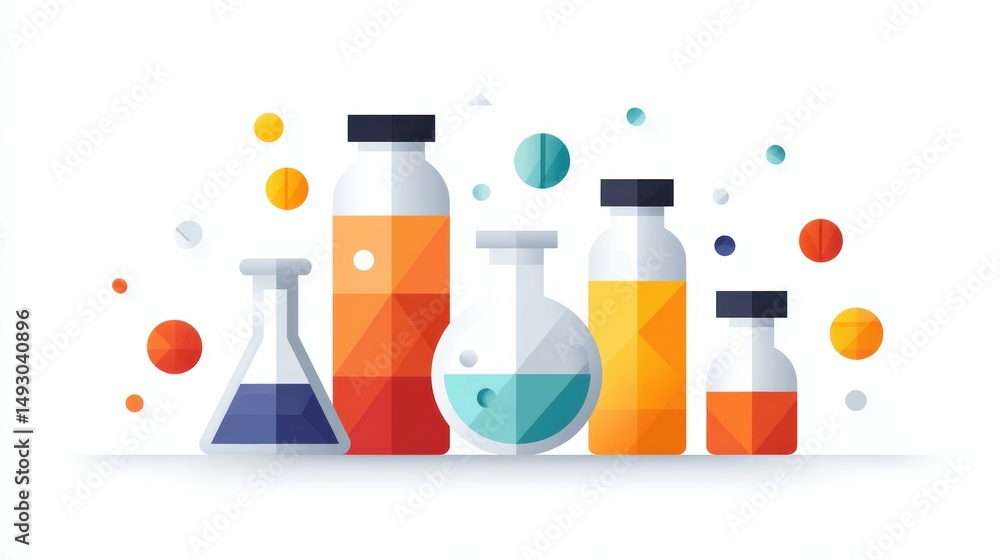Poster colorful geometric laboratory flasks and bottles with liquids and abstract shapes, representing scie