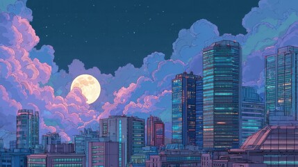 A stunning image of stunning image of night cityscape illustration in a neo-crisp anime style, featuring neon flat colors with a big moon and clouds hovering over skyscrapers.
