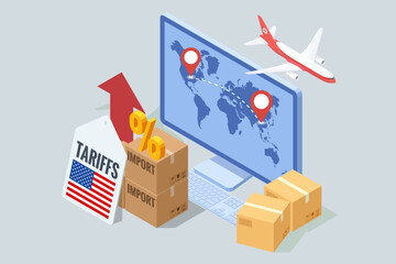 Isometric showing rising US import tariffs, affecting global logistics with plane, cargo ship, truck, and map route symbolising Import tariffs, trade war and economic conflict