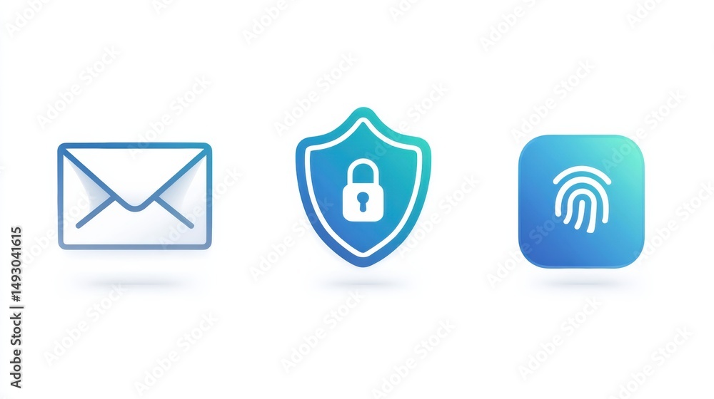 Poster email, security shield with a lock, and fingerprint icons representing digital security, privacy, an