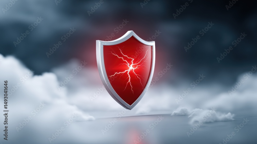 Poster a red shield with a lightning crack glows above clouds, symbolizing protection and security in a dig