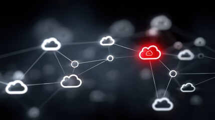 A network of interconnected cloud icons, with one highlighted in red, symbolizing cloud computing and data security.
