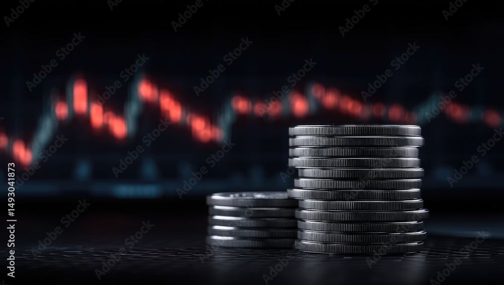 Aufkleber silver coins stacked in sharp focus with blurred financial chart backdrop in dark environment